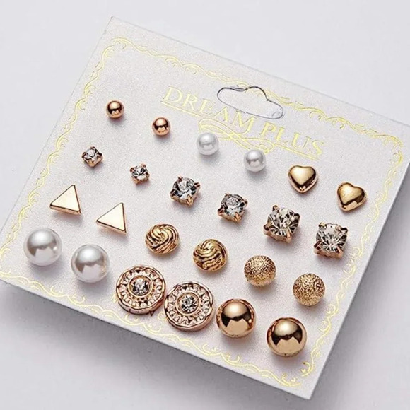 🌸12 Pair 14K Gold Silver Simple Classic Crystal Pearl Spark Stud Earrings, F273 - Picture 2 of 9